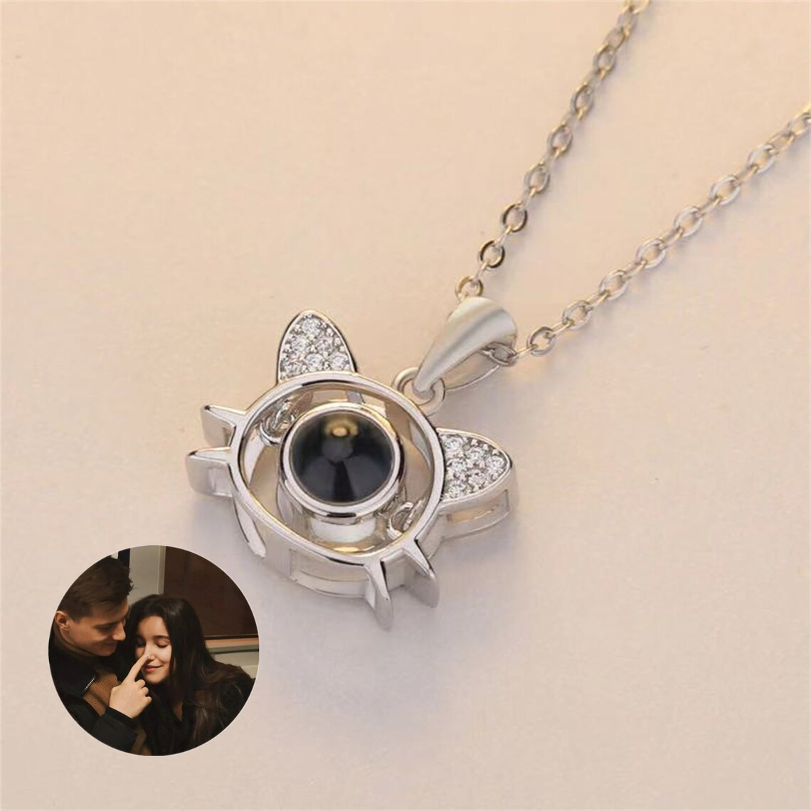 Peraonalized Cat Shape Projection Photo Pendant Necklace With Picture Inside