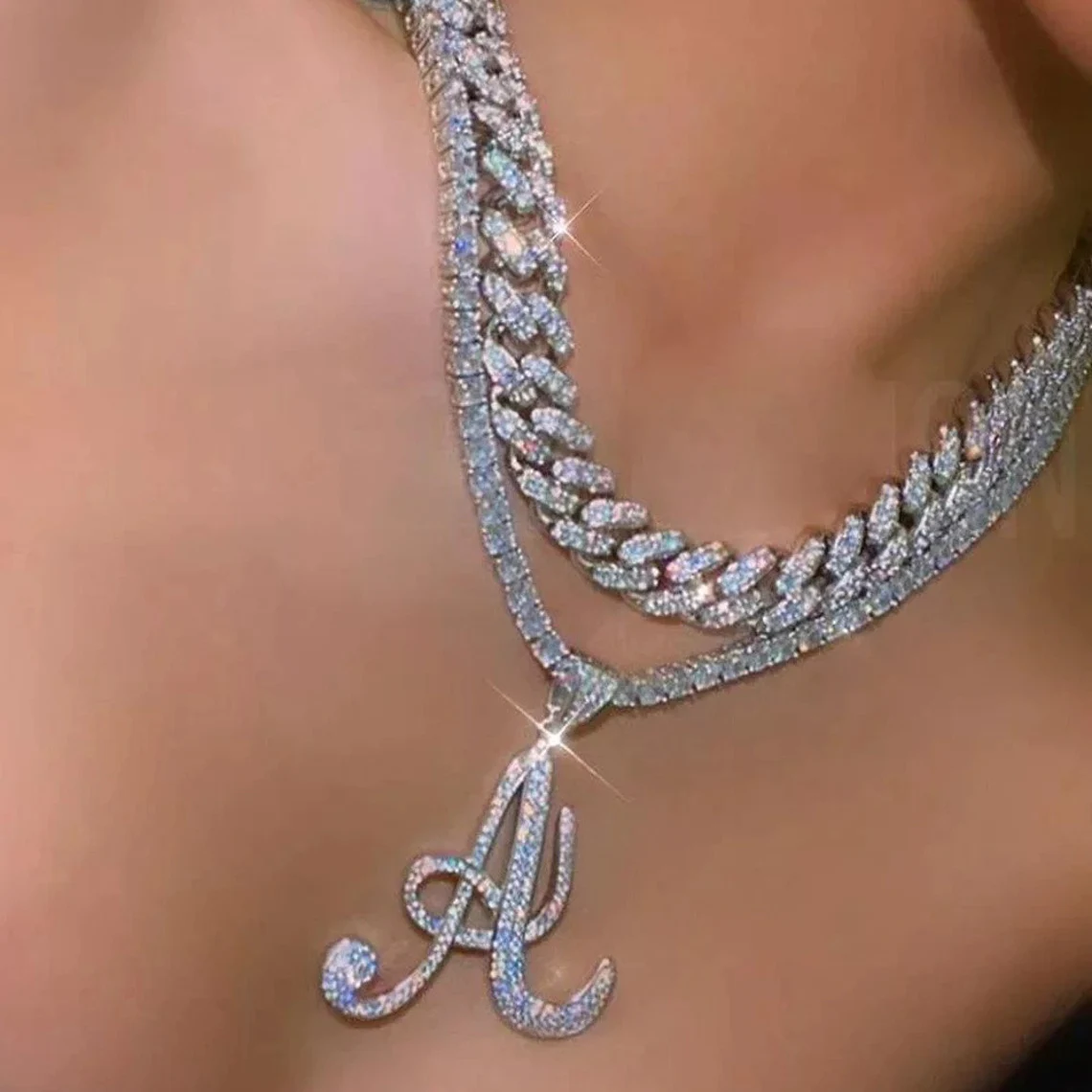 Hip Hop Style Tennis Chain with A-Z Initial Letter Personalized Necklace