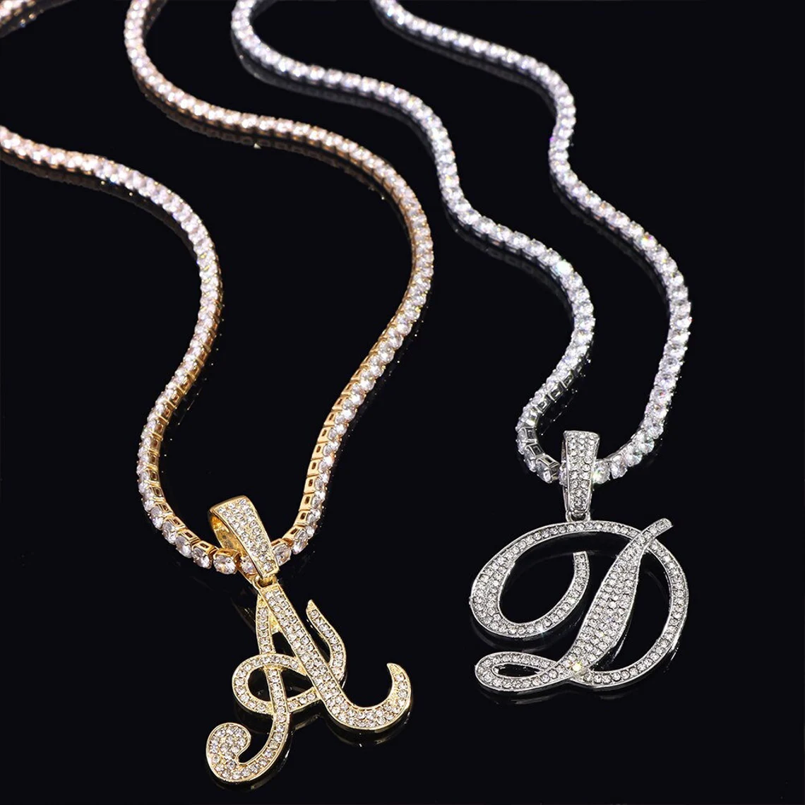 Hip Hop Style Tennis Chain with A-Z Initial Letter Personalized Neckla