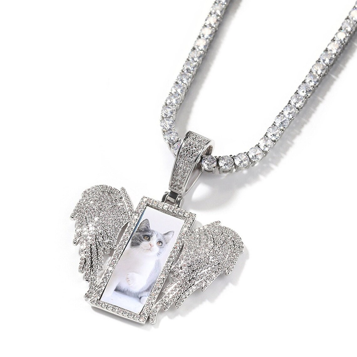 Iced Out Rectangle with Wings Pendant Custom Tennis Chain Photo Necklace