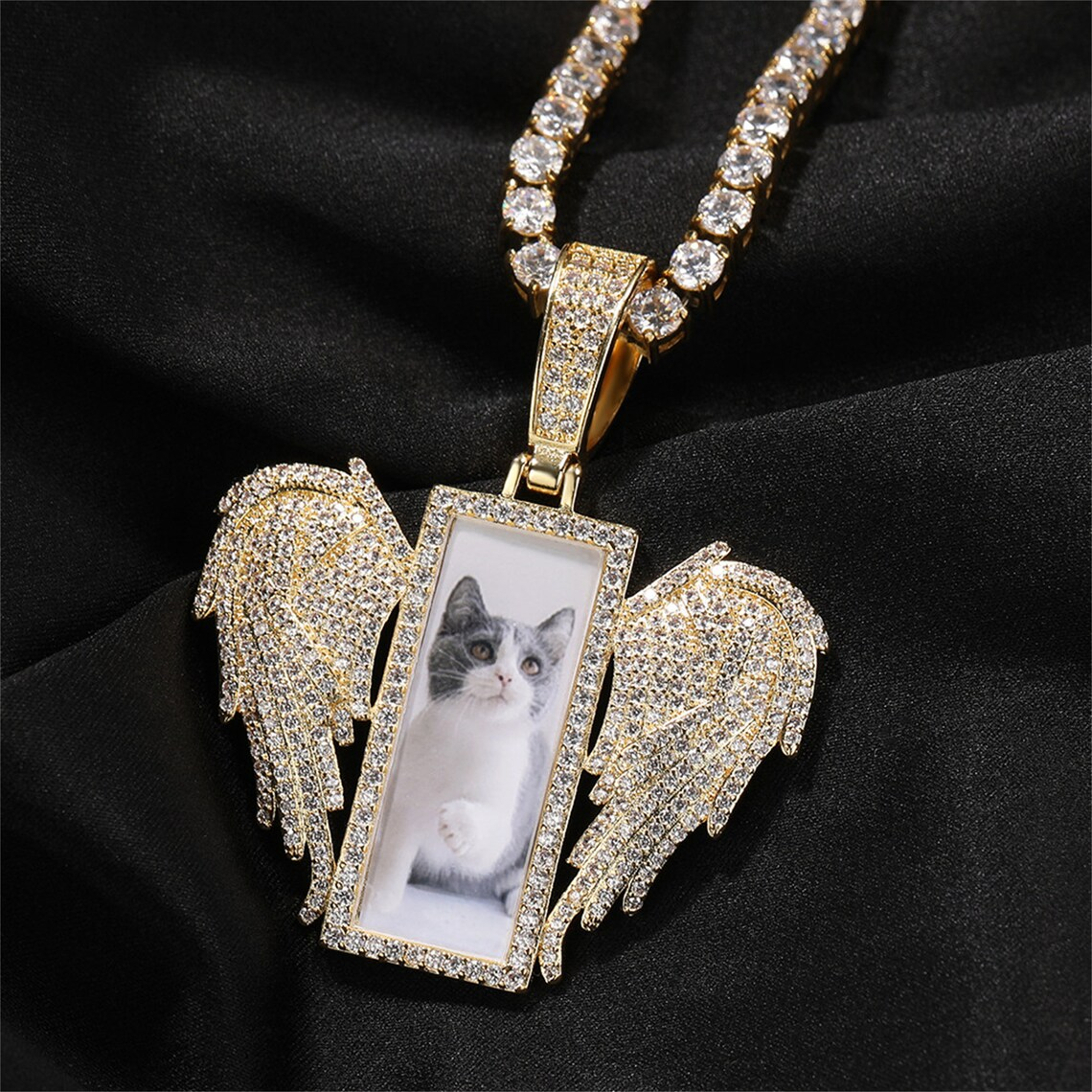 Iced Out Rectangle with Wings Pendant Custom Tennis Chain Photo Neckla