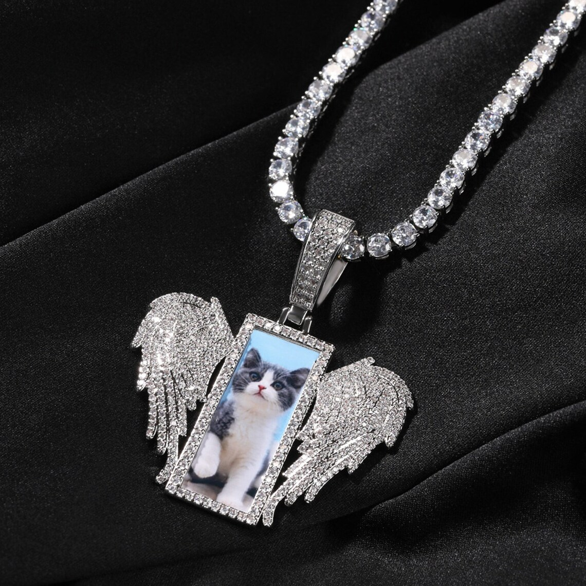 Iced Out Rectangle with Wings Pendant Custom Tennis Chain Photo Necklace