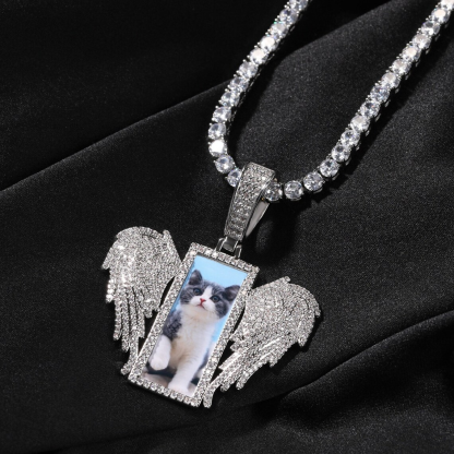 Iced Out Rectangle with Wings Pendant Custom Tennis Chain Photo Necklace