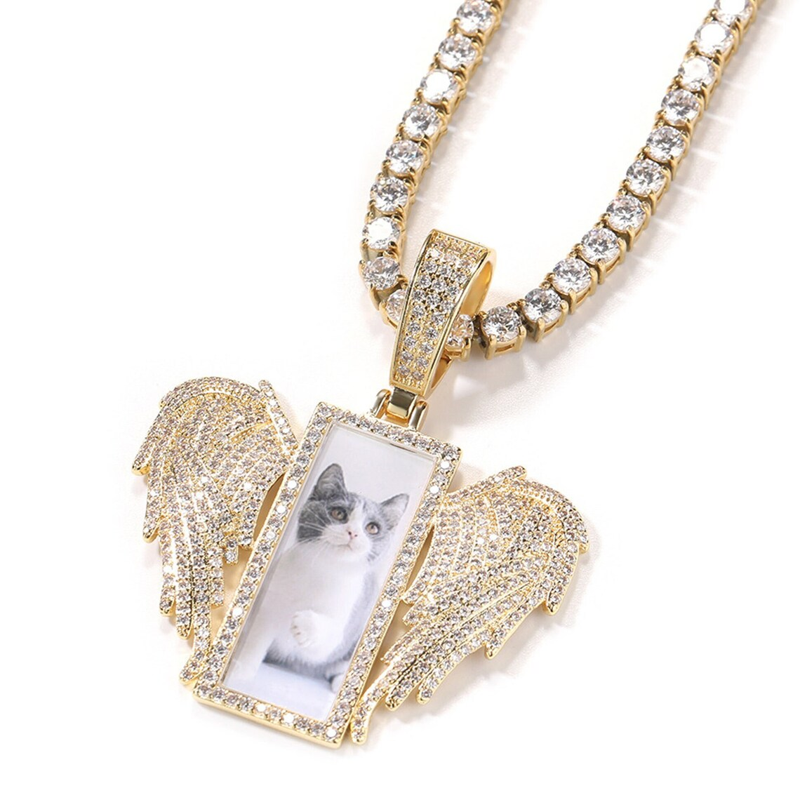 Iced Out Rectangle with Wings Pendant Custom Tennis Chain Photo Necklace