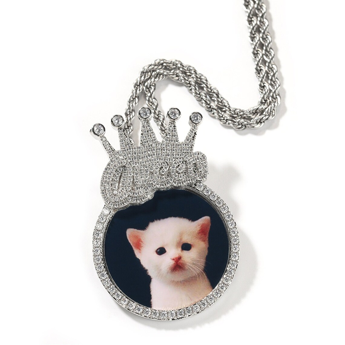 Zircon King Crown Medallion Picture Pendant Custom Twist Chain Photo Necklace