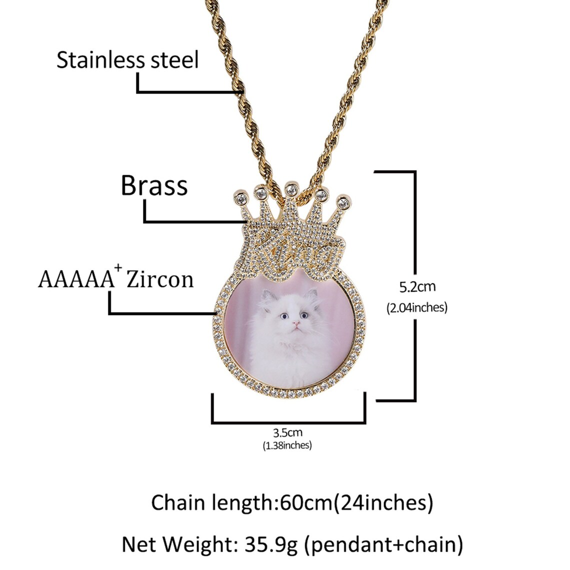 Zircon King Crown Medallion Picture Pendant Custom Twist Chain Photo Necklace