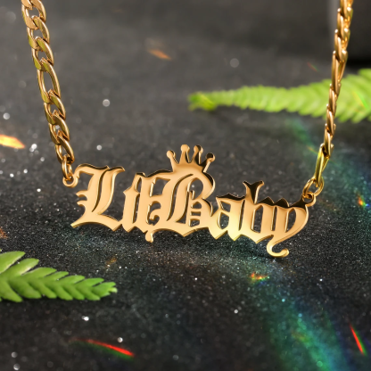 Old English Crown Nameplate Pendant Personalized Name Necklace