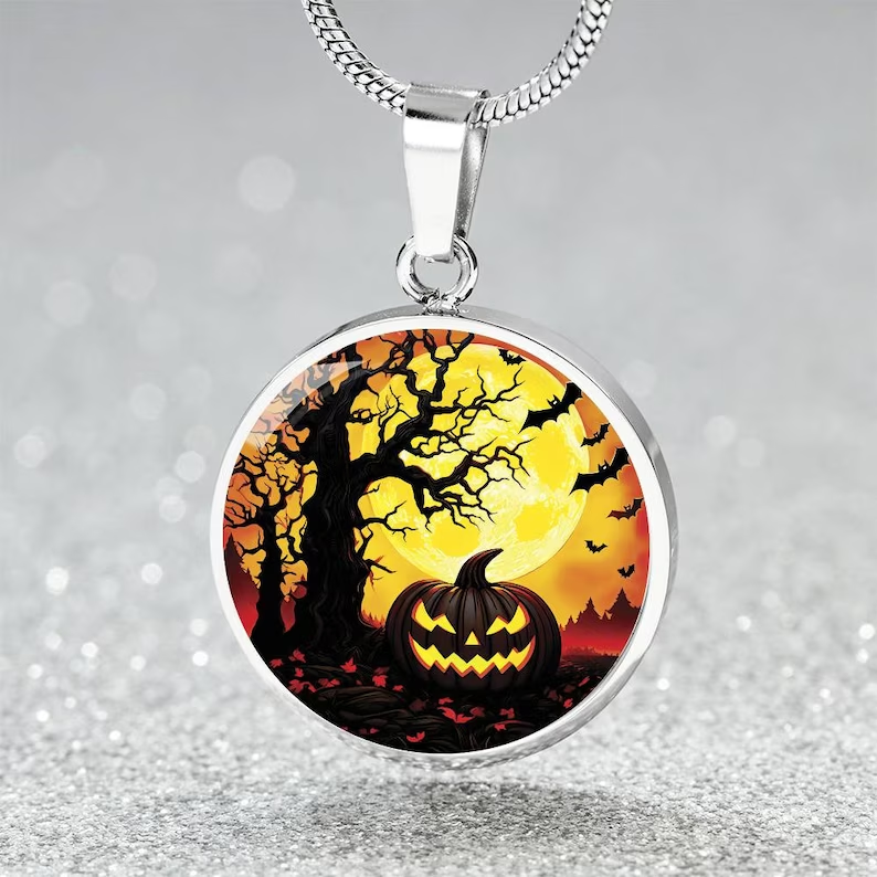 Bats Pumpkin Picture Halloween Jewelry Personalized Box Chain Engraving Necklace 