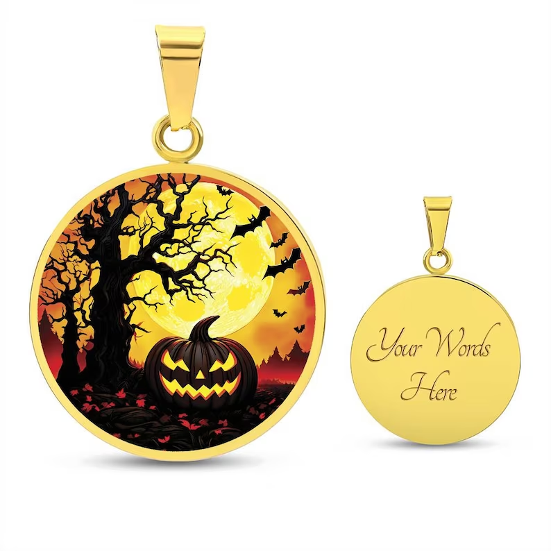 Bats Pumpkin Picture Halloween Jewelry Personalized Box Chain Engraving Necklace 