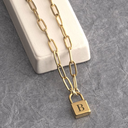 Paperclip Chain with Small Lock Pendant Personalized Initial Necklace