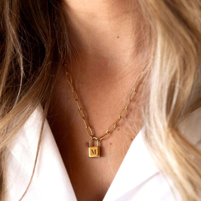 Paperclip Chain with Small Lock Pendant Personalized Initial Necklace