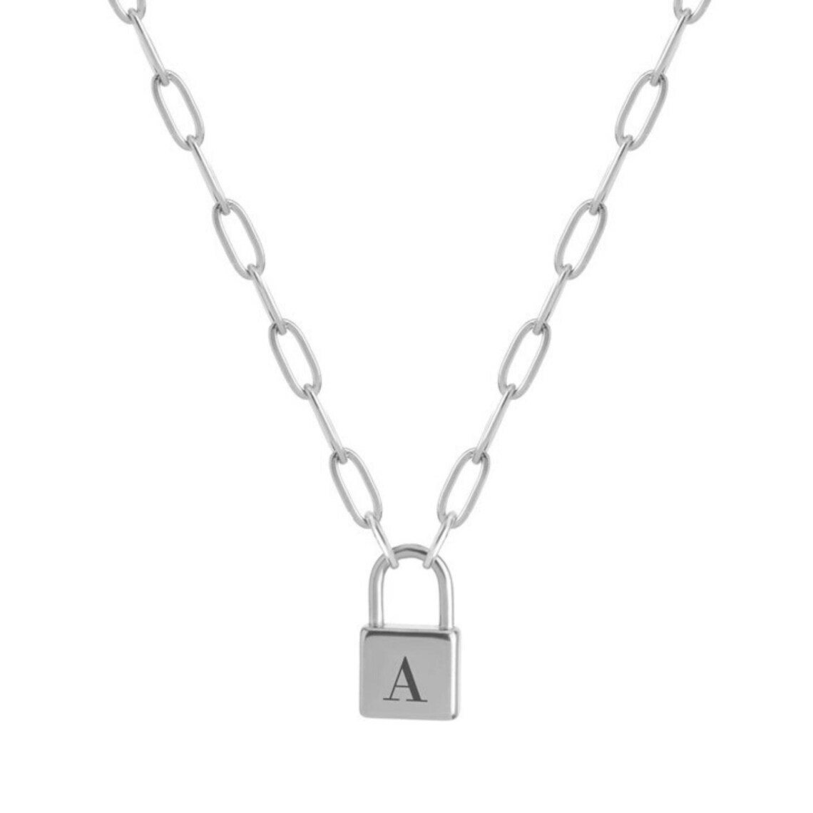Paperclip Chain with Small Lock Pendant Personalized Initial Necklace
