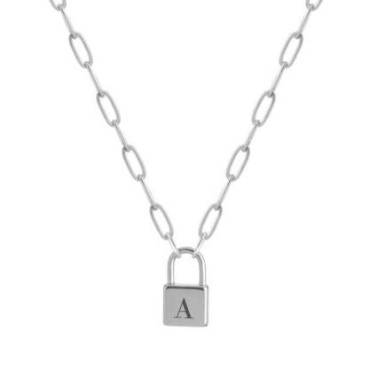 Paperclip Chain with Small Lock Pendant Personalized Initial Necklace