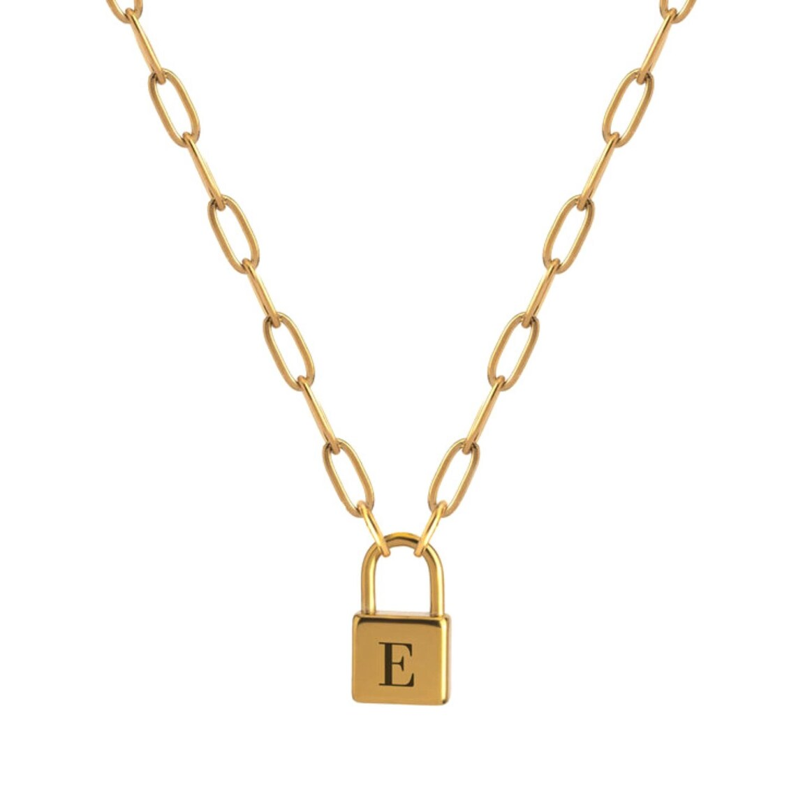 Paperclip Chain with Small Lock Pendant Personalized Initial Necklace