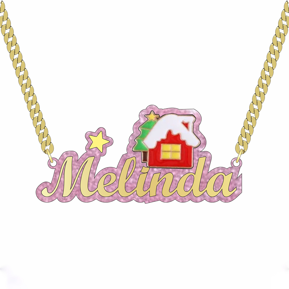 Cute Christmas House Acrylic Cuban Chain Personalized Name Necklace