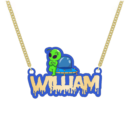 Acrylic with Alien Spaceship Personalized Name Necklace 