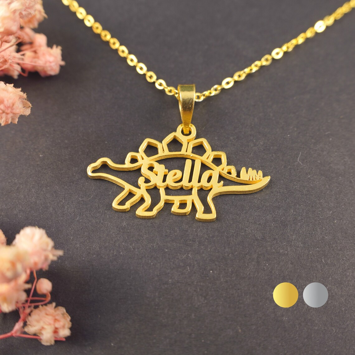 Dinosaur Gold Plated Personalized Name Necklace For Kids
