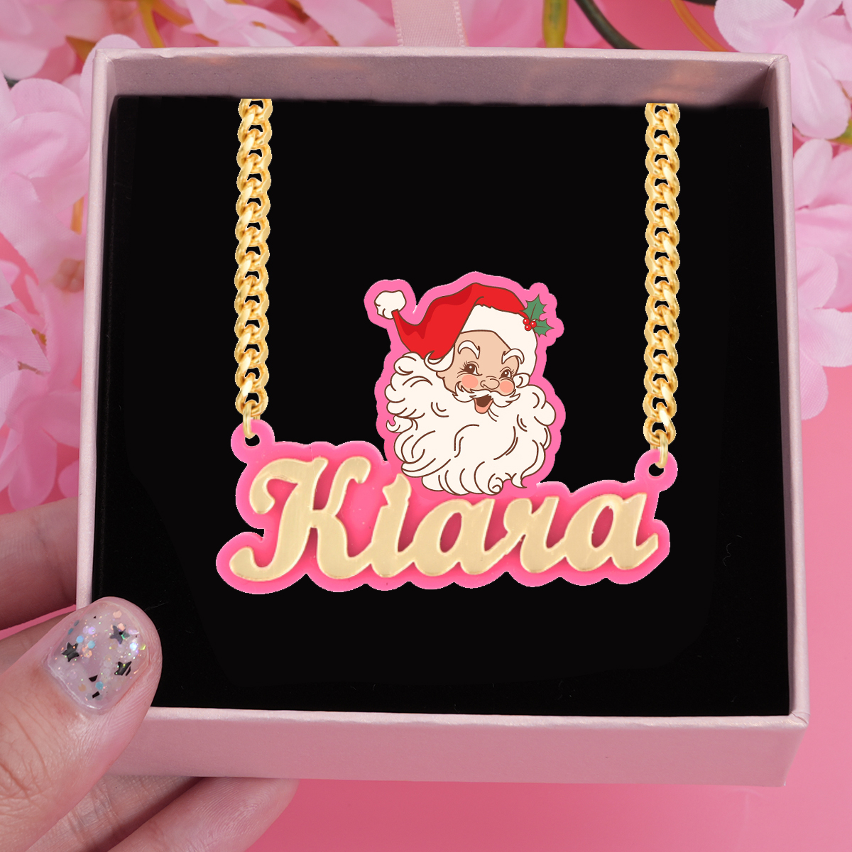 Personalized Pink Acrylic Santa Christmas Gift Name Necklace