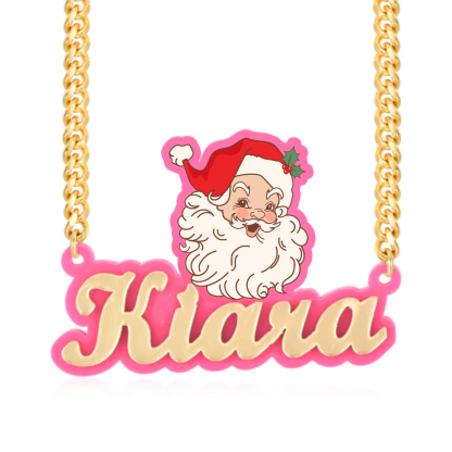 Personalized Pink Acrylic Santa Christmas Gift Name Necklace