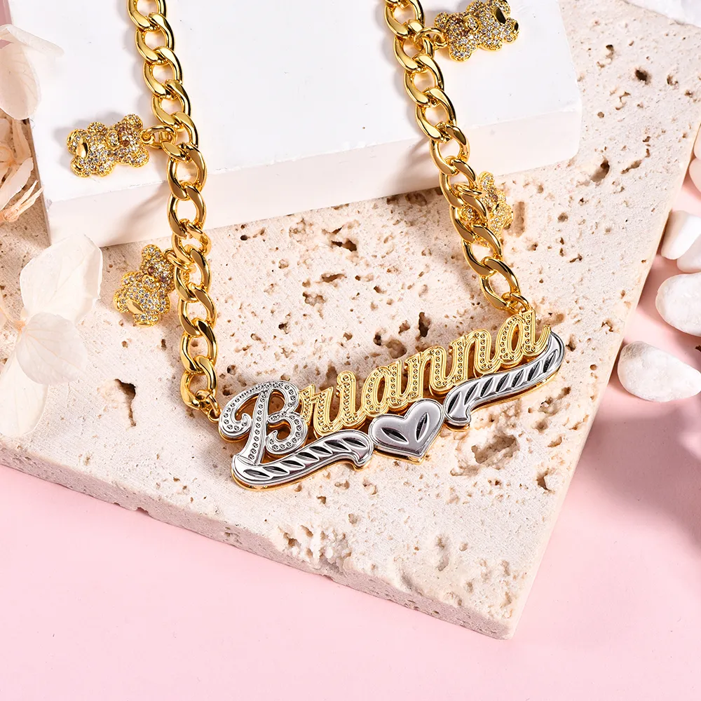 Personalized Bear Set Two Tone Name Necklace And Birthstone Bear Necklace