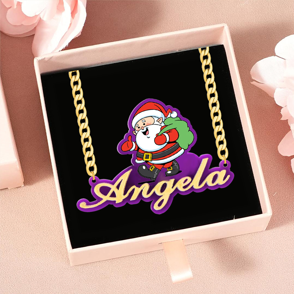 Santa Claus Acrylic Nameplate Pendant Personalized Name Necklace Christmas Gift