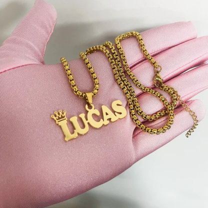 Box Chain Crown Nameplate Pendant Custom Name Necklace