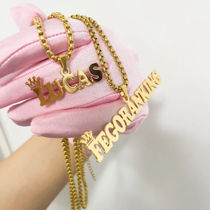 Box Chain Crown Nameplate Pendant Custom Name Necklace