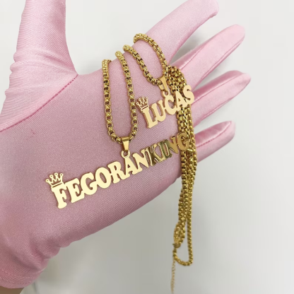 Box Chain Crown Nameplate Pendant Custom Name Necklace
