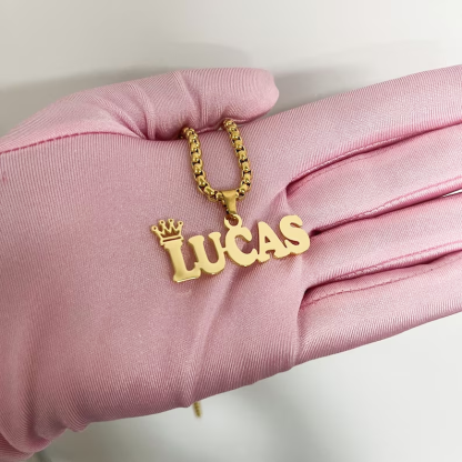 Box Chain Crown Nameplate Pendant Custom Name Necklace