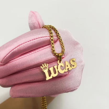 Box Chain Crown Nameplate Pendant Custom Name Necklace