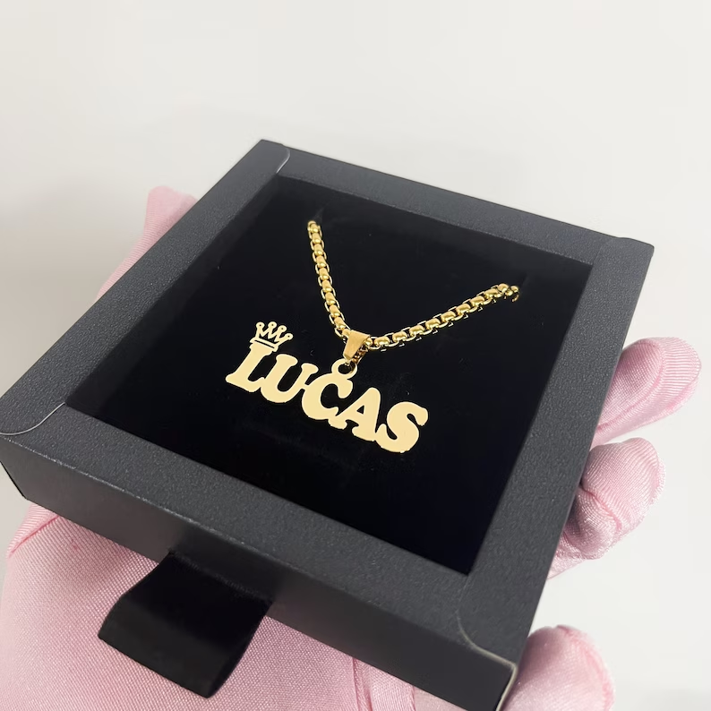 Box Chain Crown Nameplate Pendant Custom Name Necklace