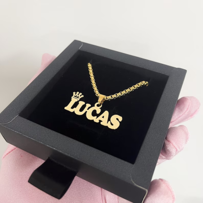 Box Chain Crown Nameplate Pendant Custom Name Necklace