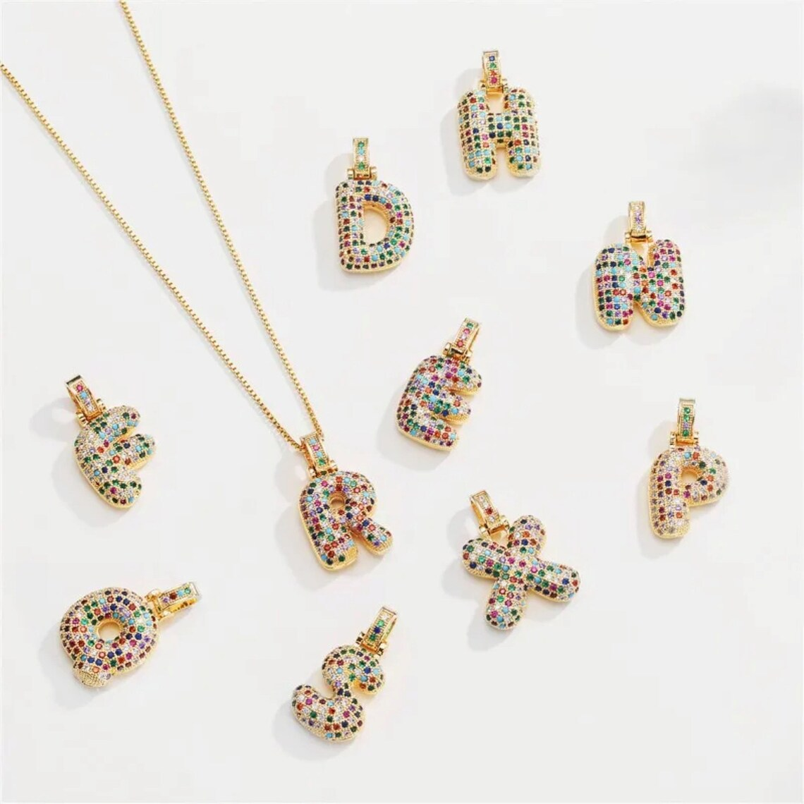 Personalized Initial Rainbow Color Bubble Balloon Letter Necklace