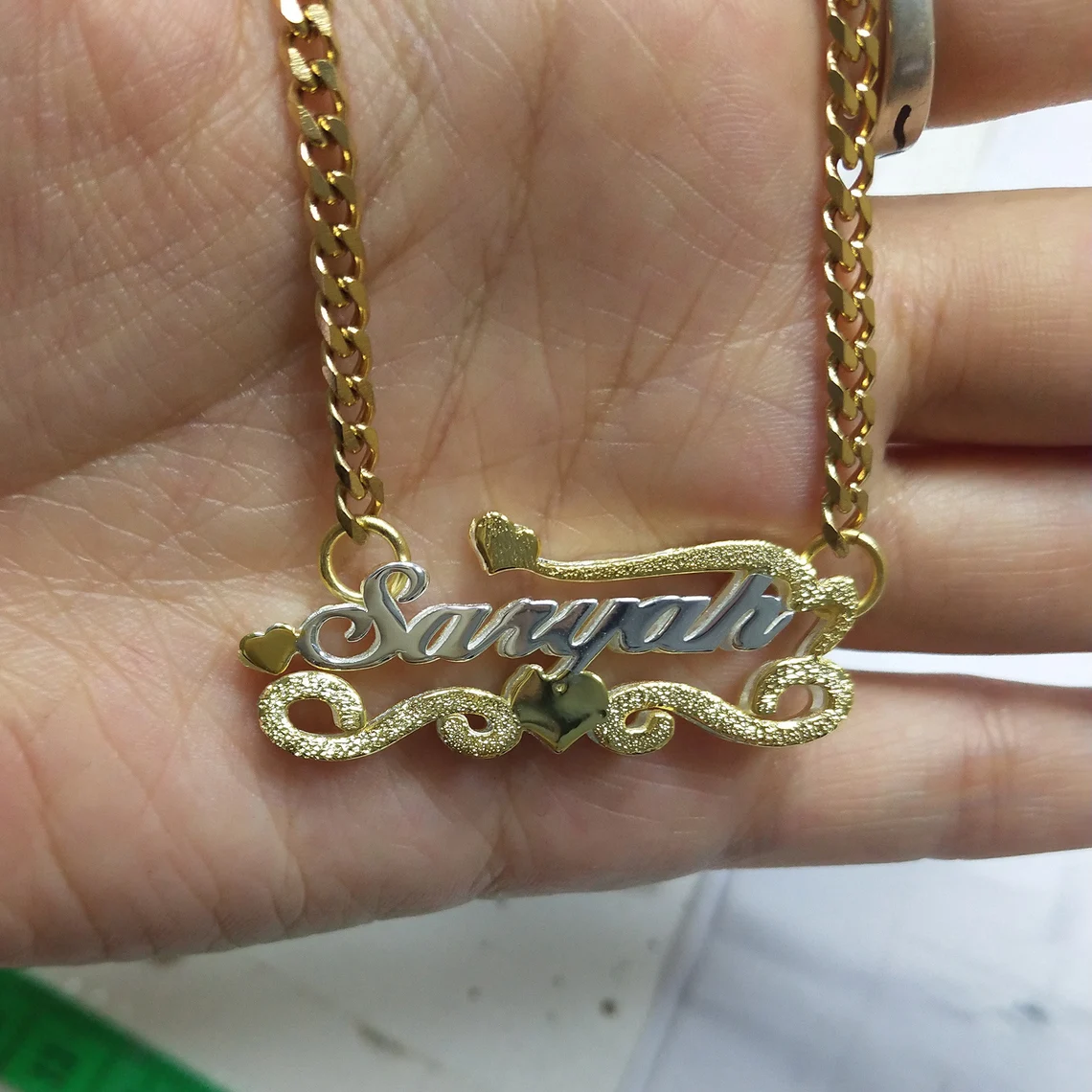 Two Tone Double Layer Cuban Chain Heart Pendant Personalized Name Neck