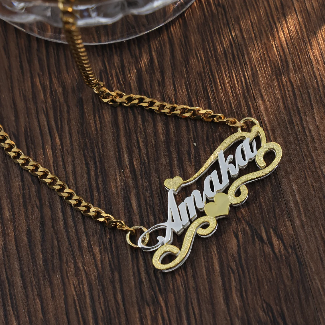 Two Tone Double Layer Cuban Chain Heart Pendant Personalized Name Necklace