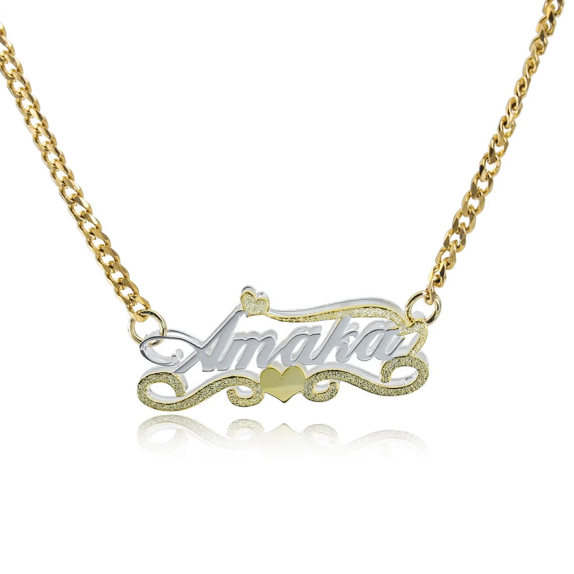 Two Tone Double Layer Cuban Chain Heart Pendant Personalized Name Necklace