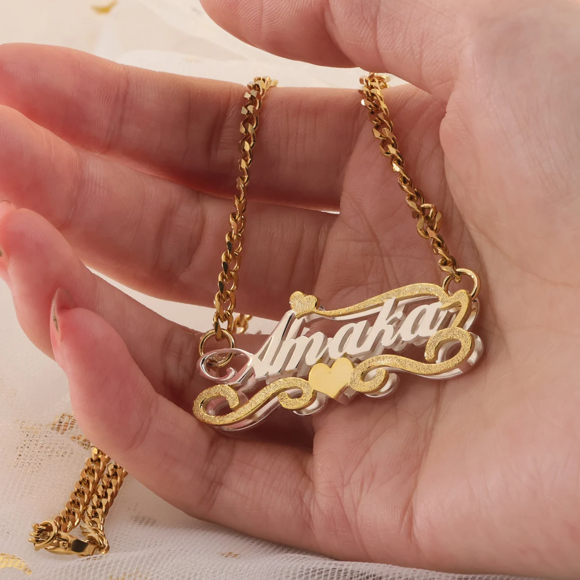 Two Tone Double Layer Cuban Chain Heart Pendant Personalized Name Necklace