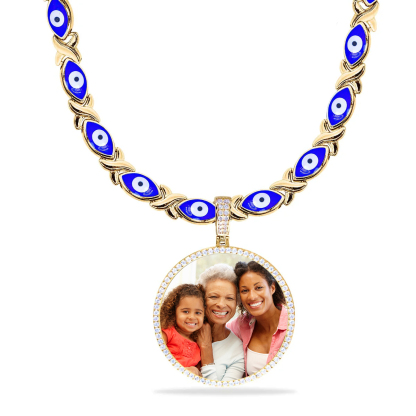 Evil Eye XOXO Chain Iced Out Medallion Photo Necklace