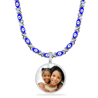 Evil Eye XOXO Chain Iced Out Medallion Photo Necklace