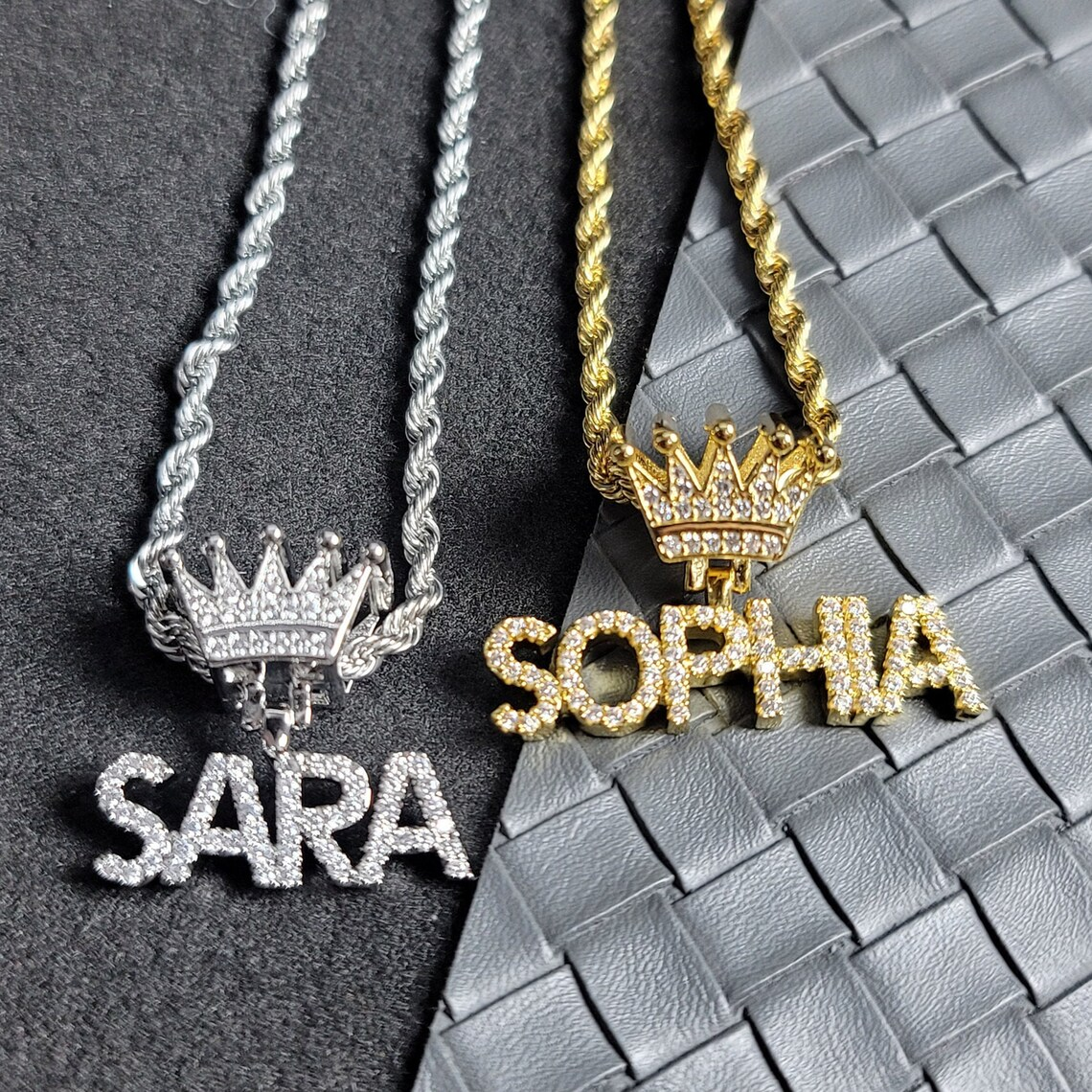 Iced Out Crown With Rope Chain Nameplate Peronalized Custom Name Necklace
