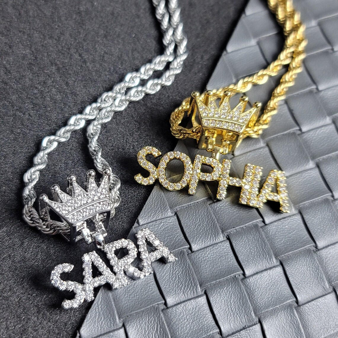 Iced Out Crown With Rope Chain Nameplate Peronalized Custom Name Neckl