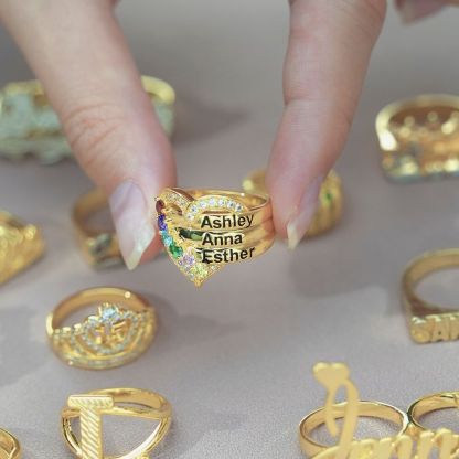 Love For Mom Personalized Custom Gold Plated Heart Name Ring with Birthstone 