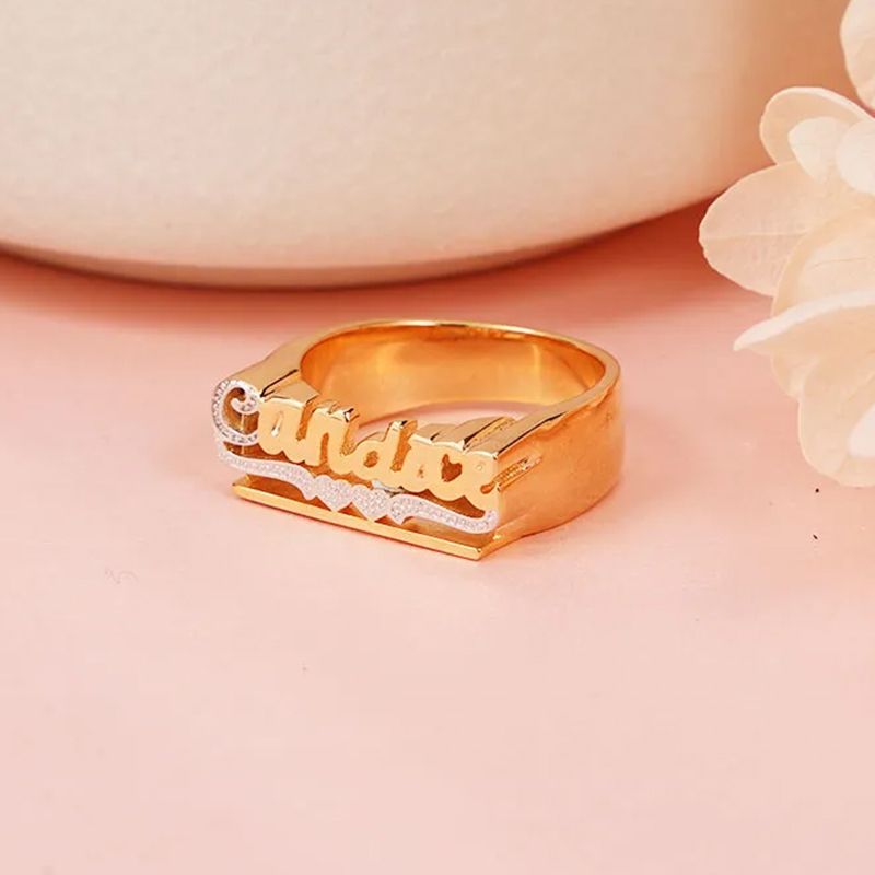 Personalized Dainty Two Tone Two Hearts Underline Name Ring