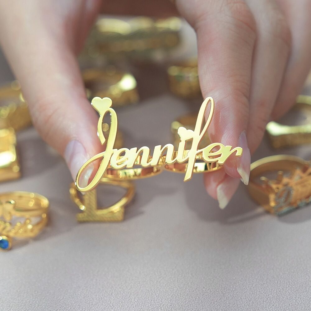 Two Finger Ring Personalized Custom Gold Plated Adjustable Love Heart Name Ring