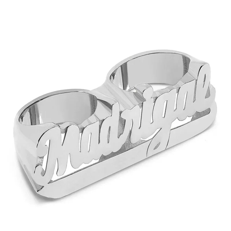 Personalized Custom Gold Plated Two Finger Underline Name Ring Mens Ring