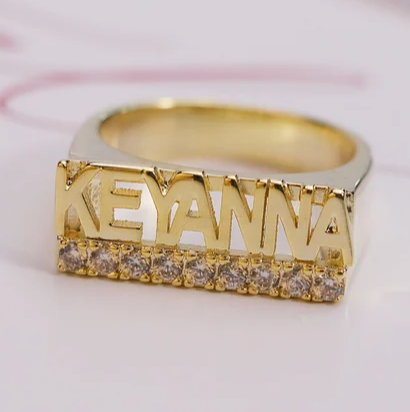 Crystal Nameplate Ring Personalized Gold Plate Name Ring