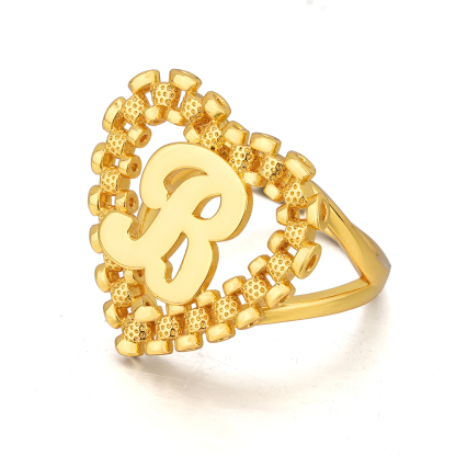 Gear Shape Rolex Style Heart Love Nugget Ring Personalized Initial Letter Ring