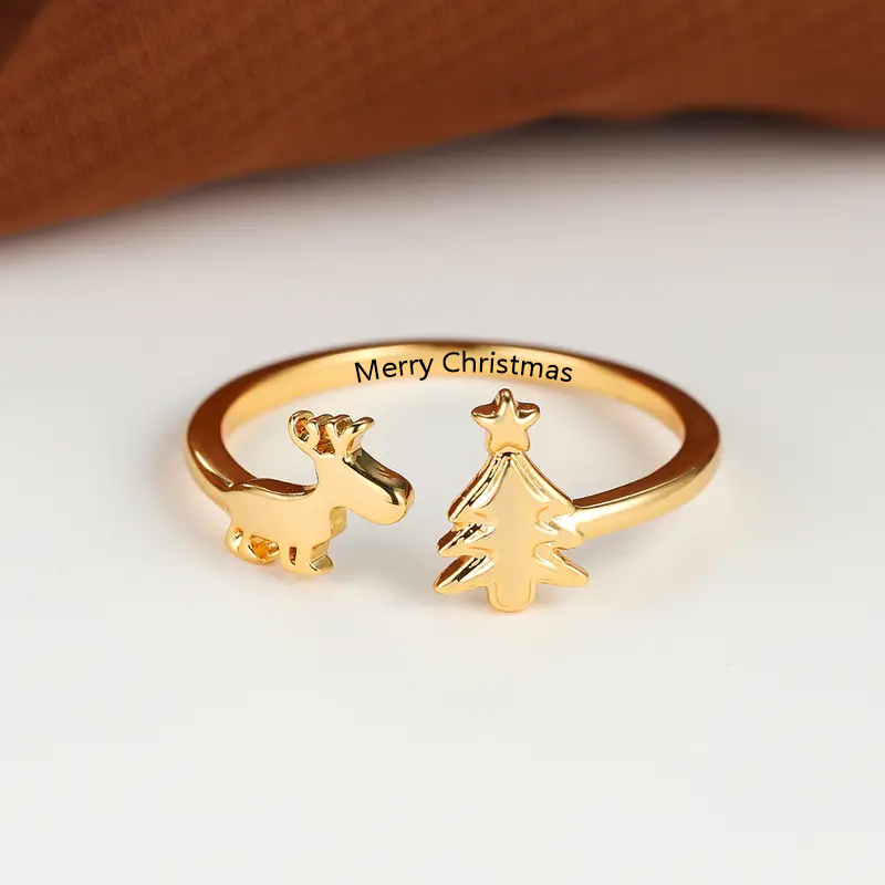 Cute Elk and Christmas Tree Personalized Engraved Ring