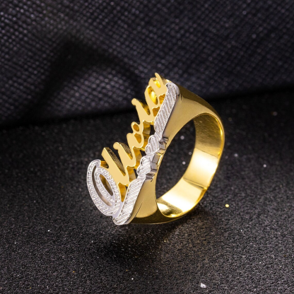 Two Tone Double Layer Nameplate Personalized Heart Name Rings