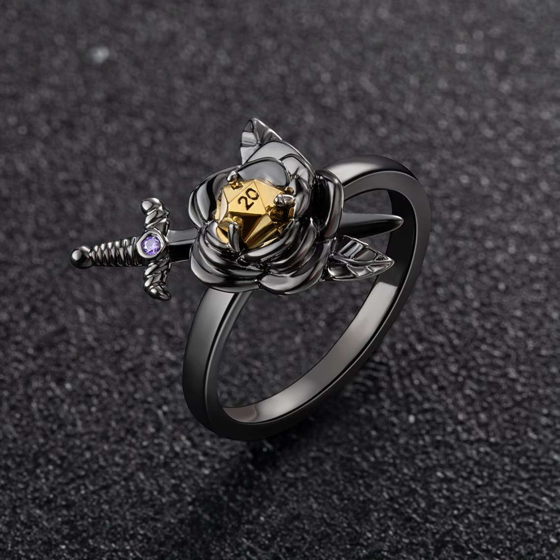 Custom Birthstone Retro Dark Rose Dice Engraved Ring